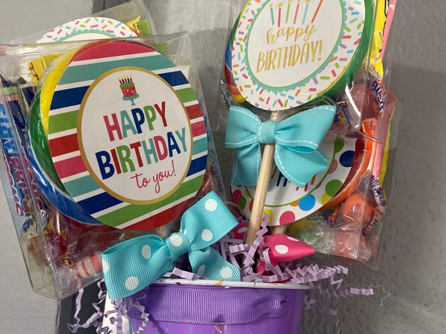 party baskets with decorations and prizes